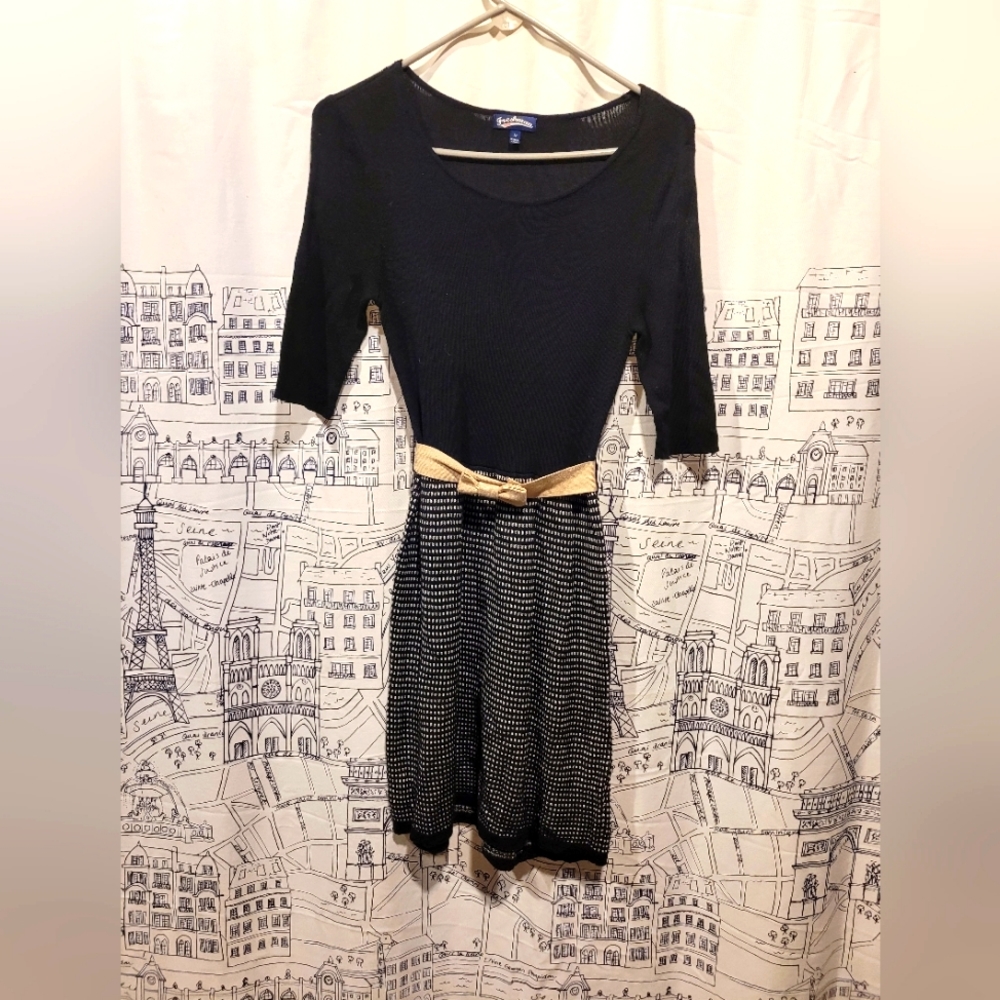 EUC Freshman 1996 Black Sweater Dress With Cream Sweater Bow Belt Size Medium
